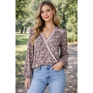 Boho Floral Wrap Blouse Women’s Long Sleeve V-Neck Surplice Top Pink Brown...